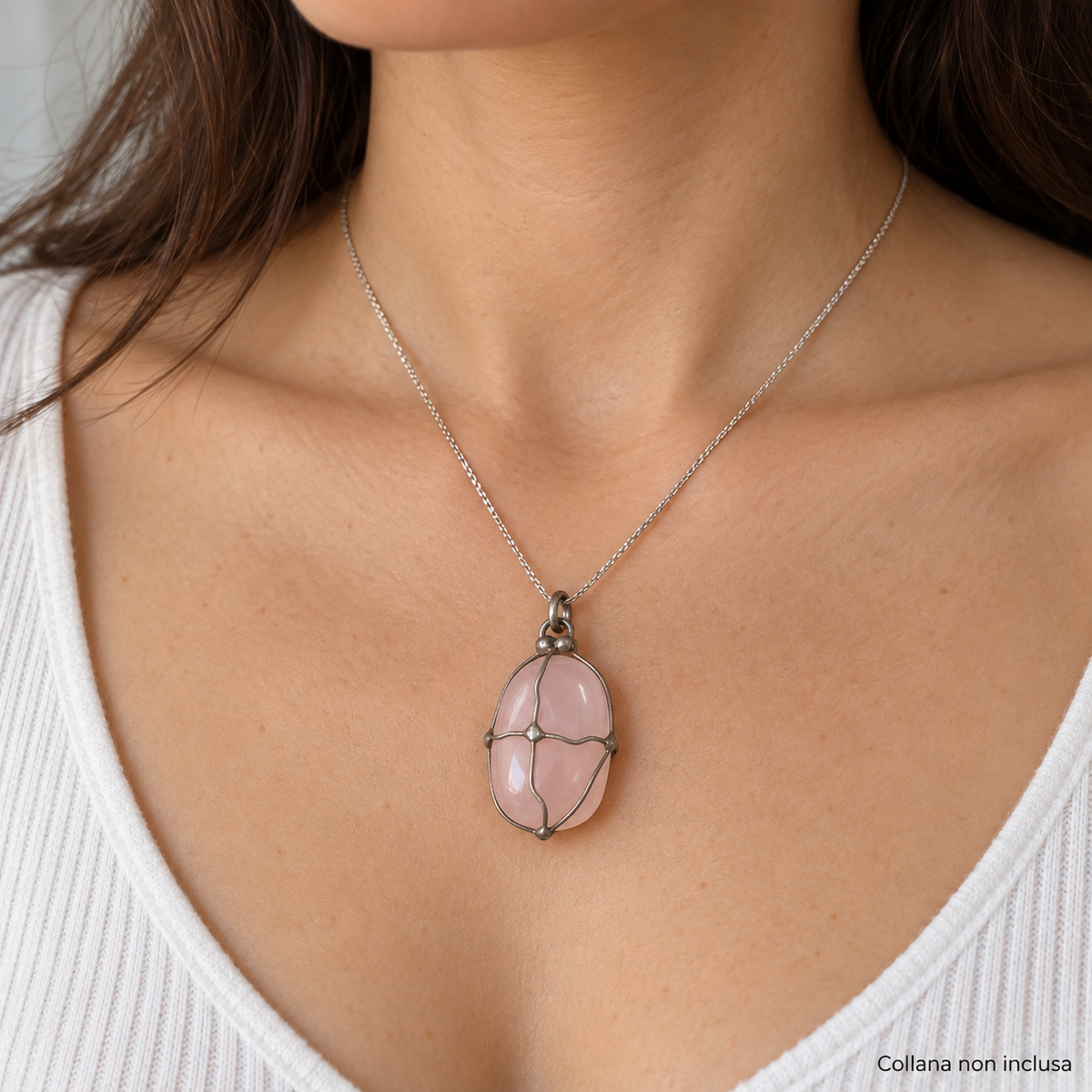 Ciondolo con Quarzo Rosa e Gabbia in Filo Argentato 4,9 cm