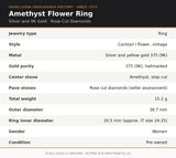 Anello Fiore Ametista Argento Oro 375 Diamanti Rosetta Vintage Cocktail 15g