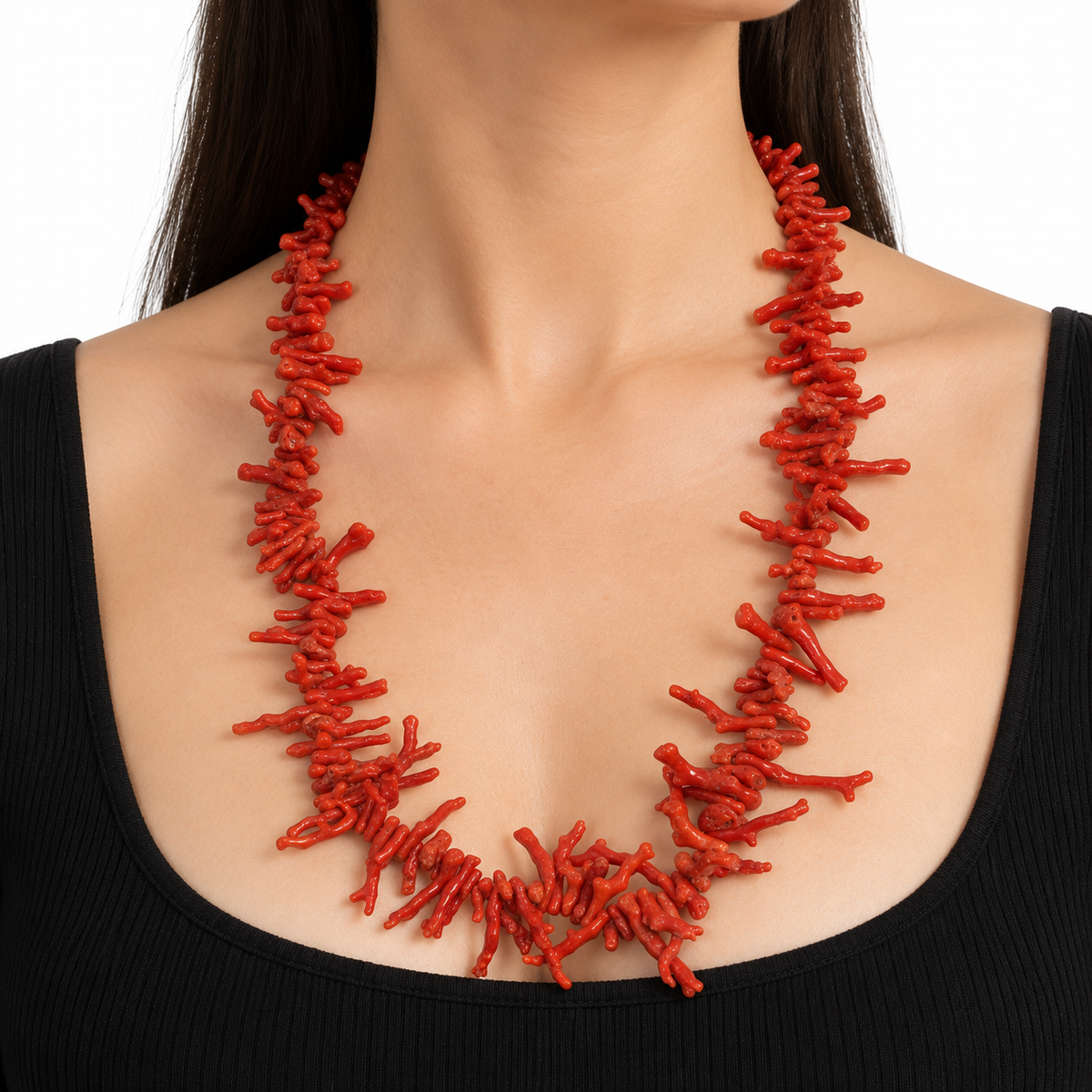 Collana Corallo Rosso Naturale a Rametti Chiusura in Oro 60 cm Vintage