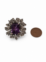 Anello Fiore Ametista Argento Oro 375 Diamanti Rosetta Vintage Cocktail 15g