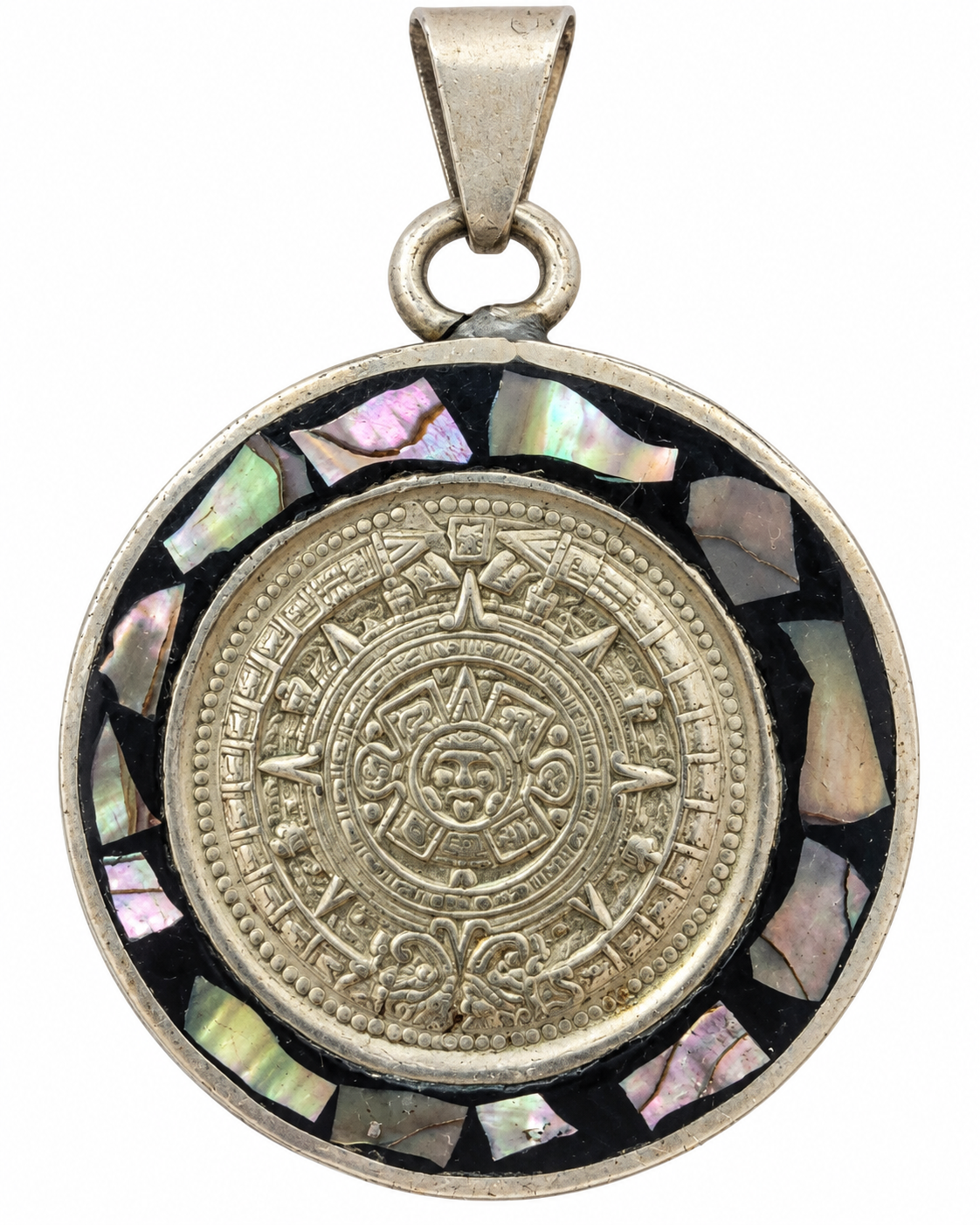 Aztec Calendar Silver Pendant with Abalone Mother of Pearl 4 cm and Necklace