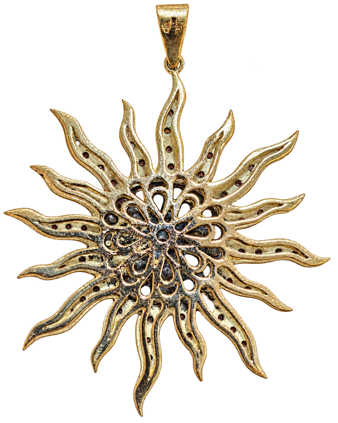 Ciondolo Sole Oro 585 Argento Diamanti Taglio Rosetta Vintage Grande Pavé 18g