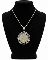 Pendentif calendrier aztèque en argent avec nacre d'ormeau 4 cm et collier