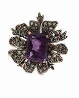 Anello Fiore Ametista Argento Oro 375 Diamanti Rosetta Vintage Cocktail 15g