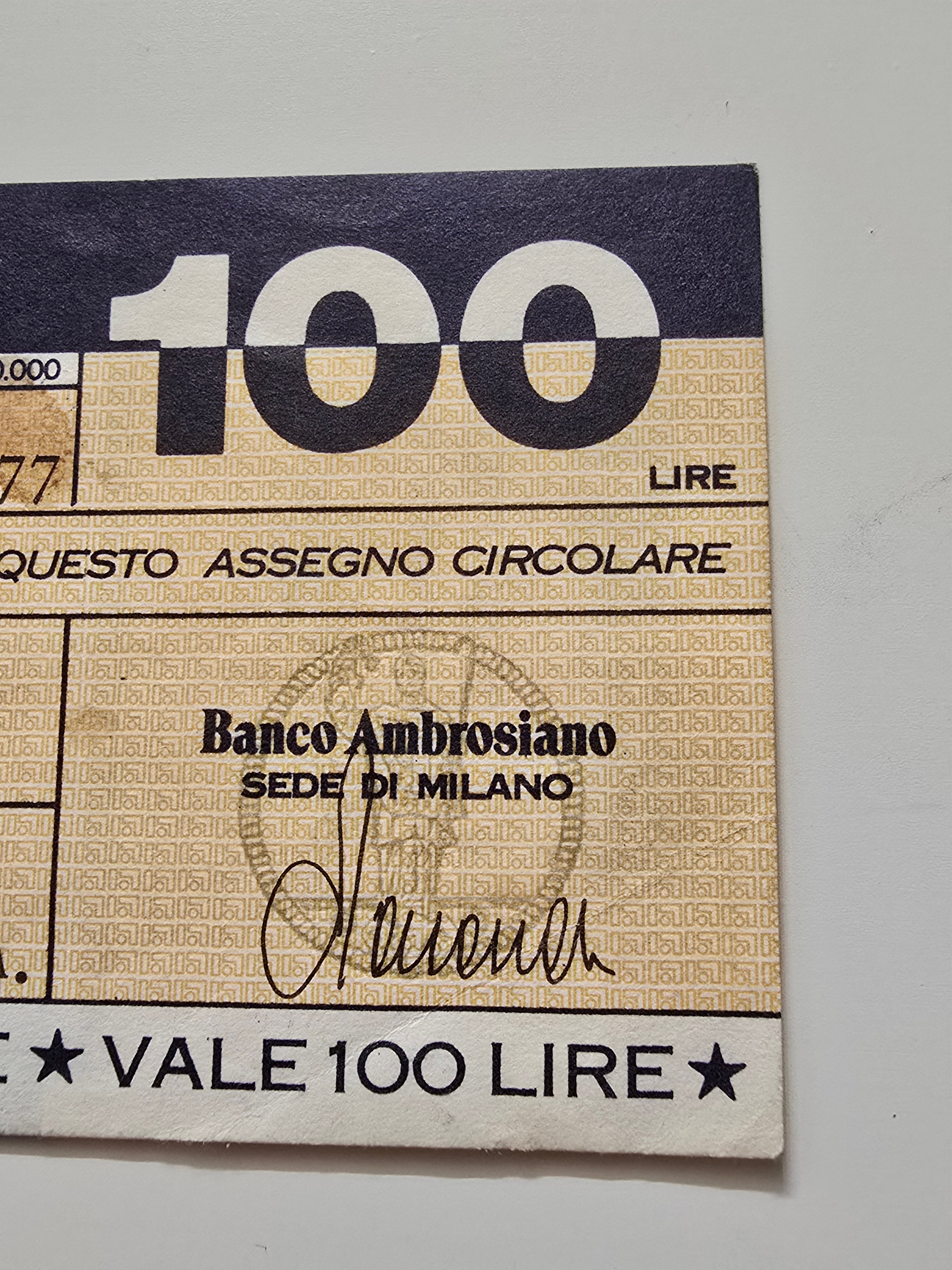 Miniassegno Italia 100 Lire 29-6-1977 Milano