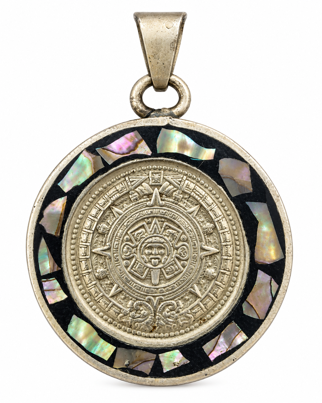 Aztec Calendar Silver Pendant with Abalone Mother of Pearl 4 cm and Necklace
