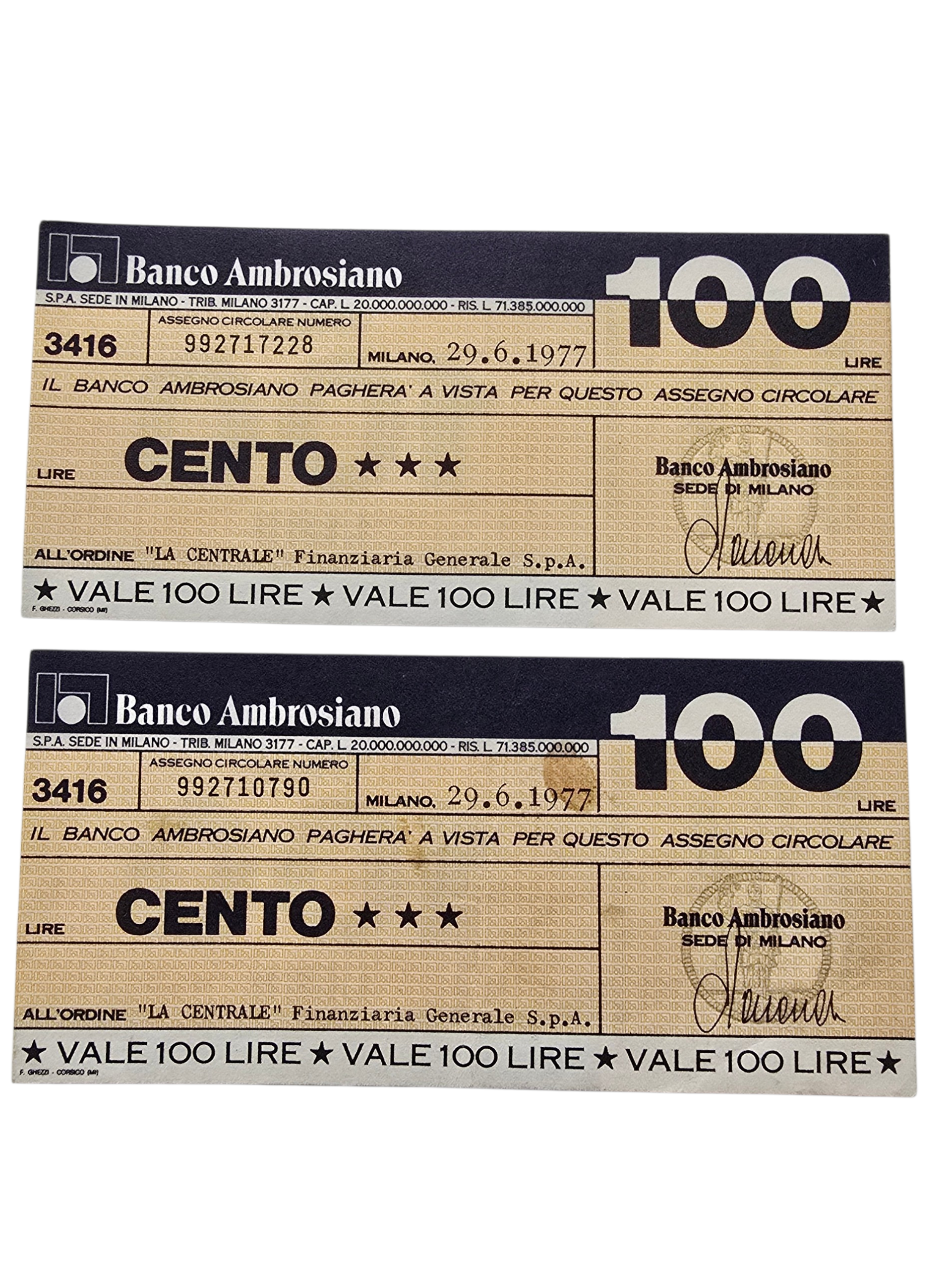 Miniassegno Italia 100 Lire 29-6-1977 Milano