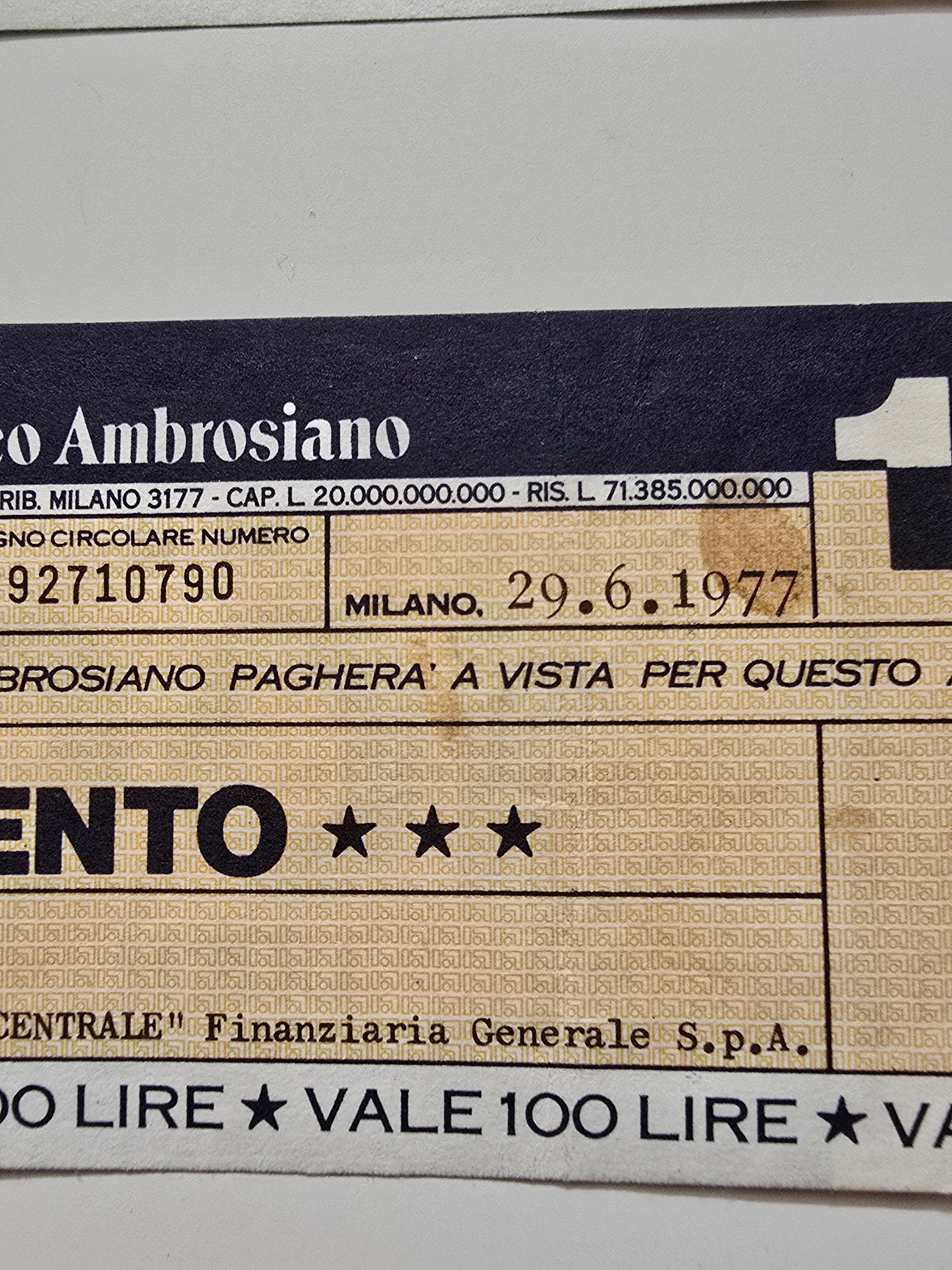 Miniassegno Italia 100 Lire 29-6-1977 Milano