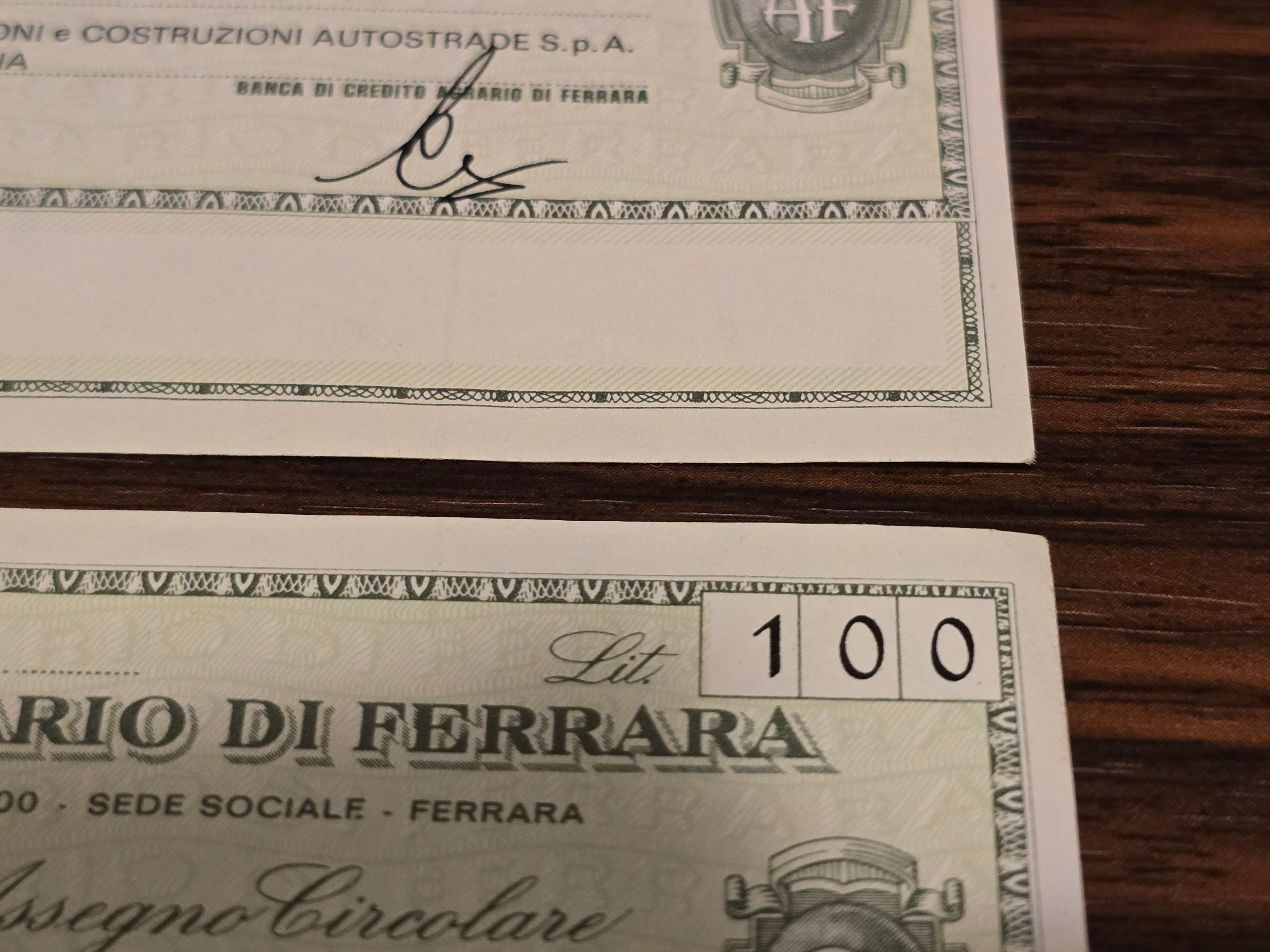 3 pezzi MINI ASSEGNO 100 CENTO LIRE BANCA CREDITO AGRARIO FERRARA A AUTOSTRADE - 1977