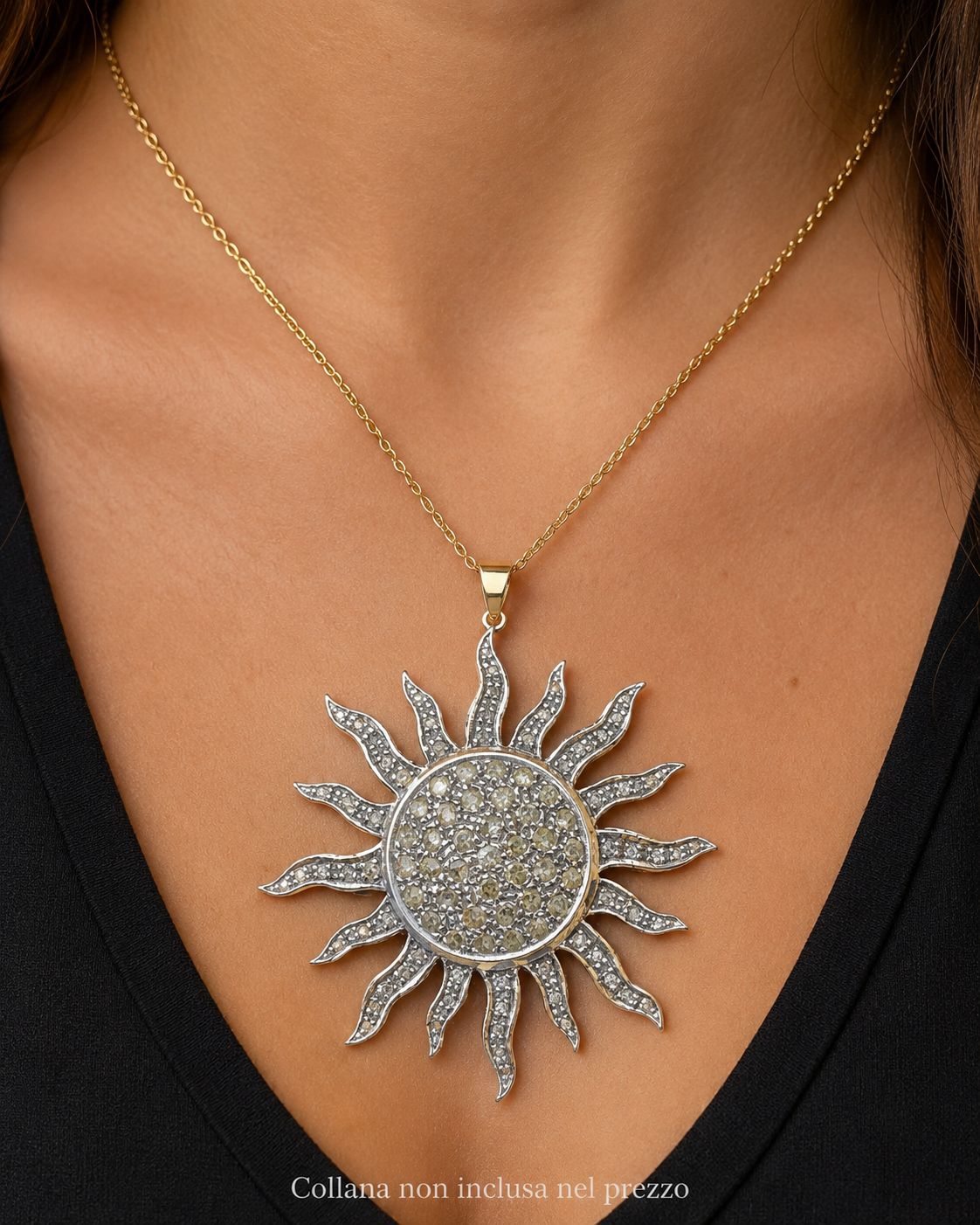 Ciondolo Sole Oro 585 Argento Diamanti Taglio Rosetta Vintage Grande Pavé 18g