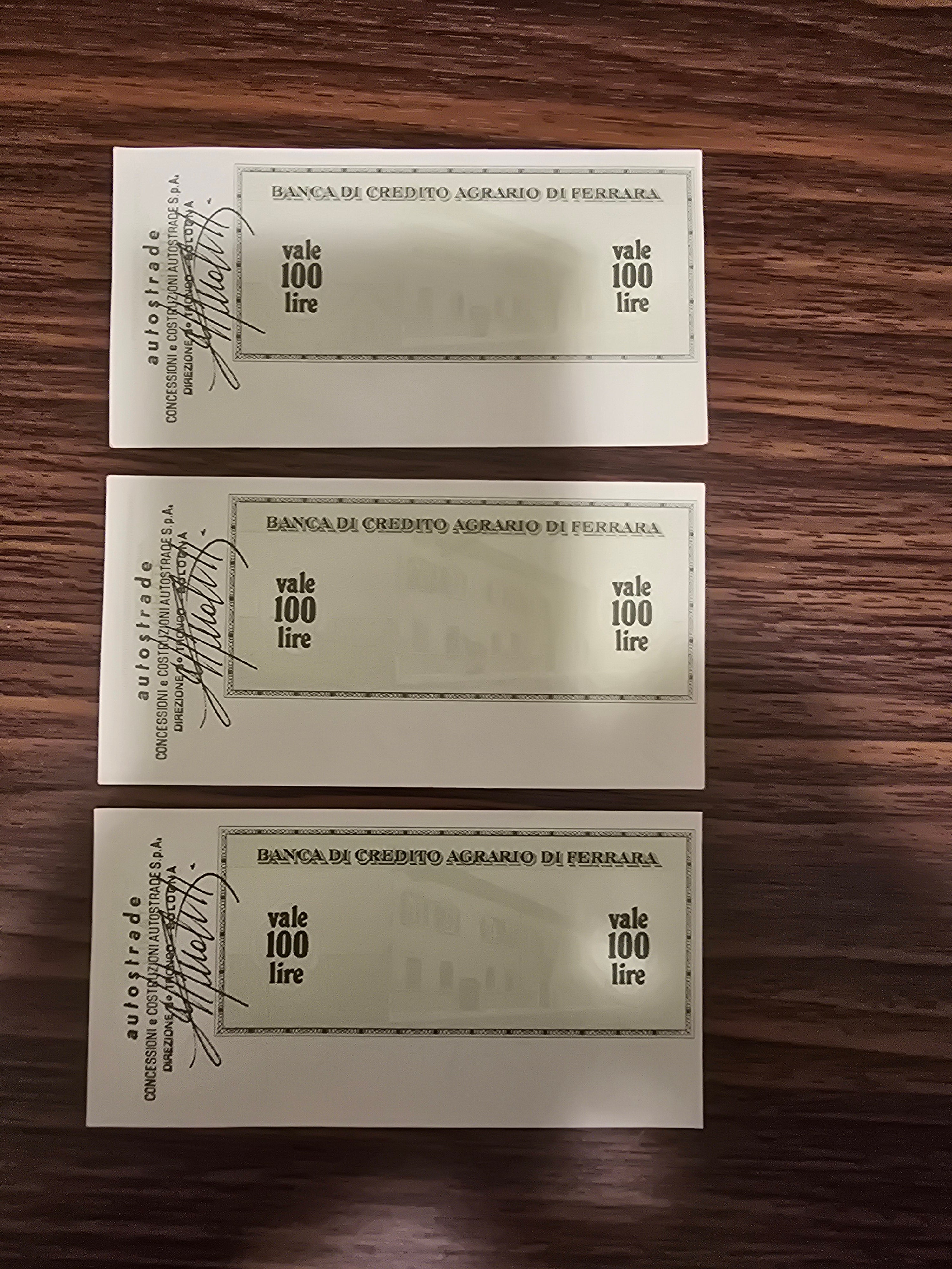 3 pezzi MINI ASSEGNO 100 CENTO LIRE BANCA CREDITO AGRARIO FERRARA A AUTOSTRADE - 1977