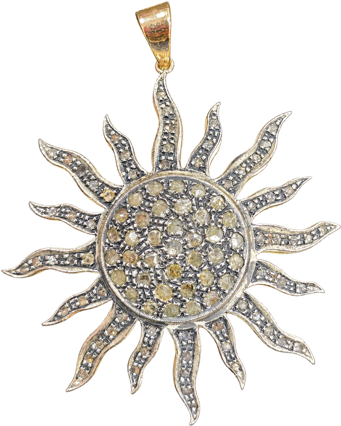Ciondolo Sole Oro 585 Argento Diamanti Taglio Rosetta Vintage Grande Pavé 18g
