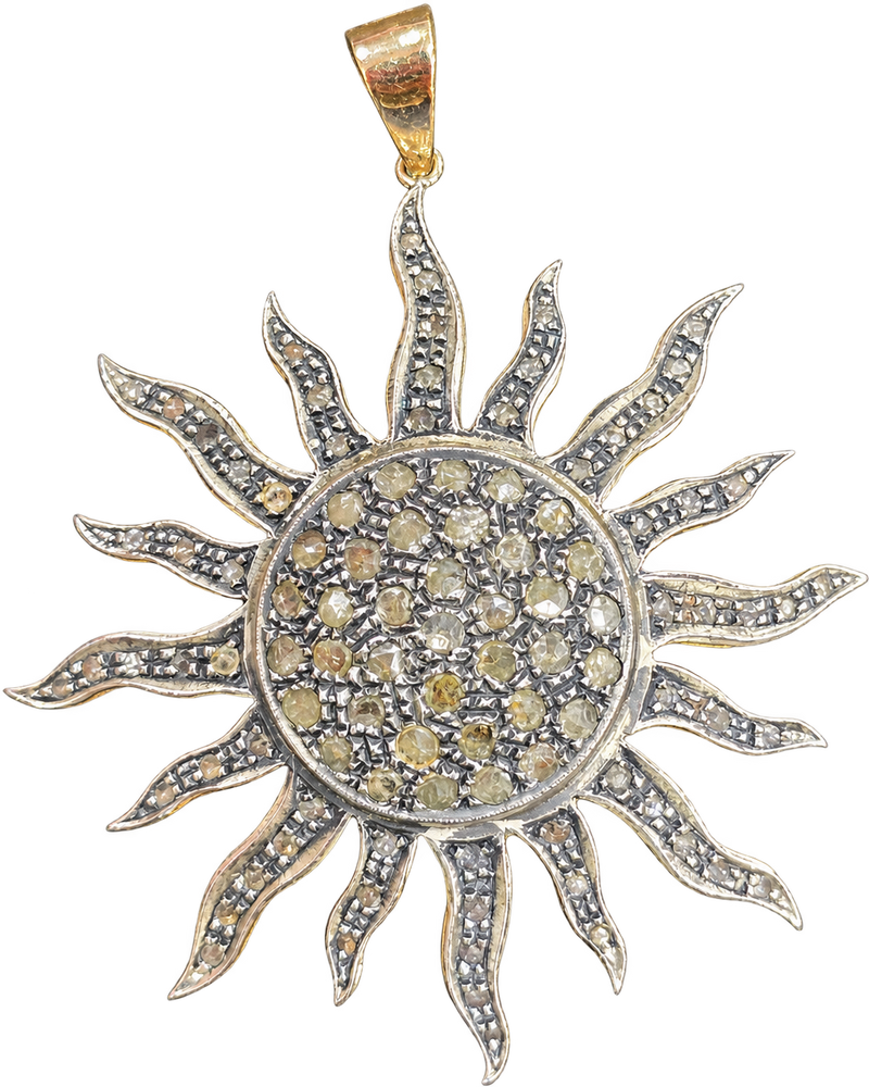 Ciondolo Sole Oro 585 Argento Diamanti Taglio Rosetta Vintage Grande Pavé 18g