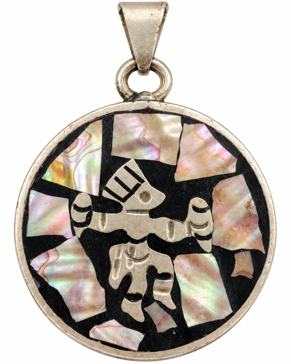 Aztec Calendar Silver Pendant with Abalone Mother of Pearl 4 cm and Necklace