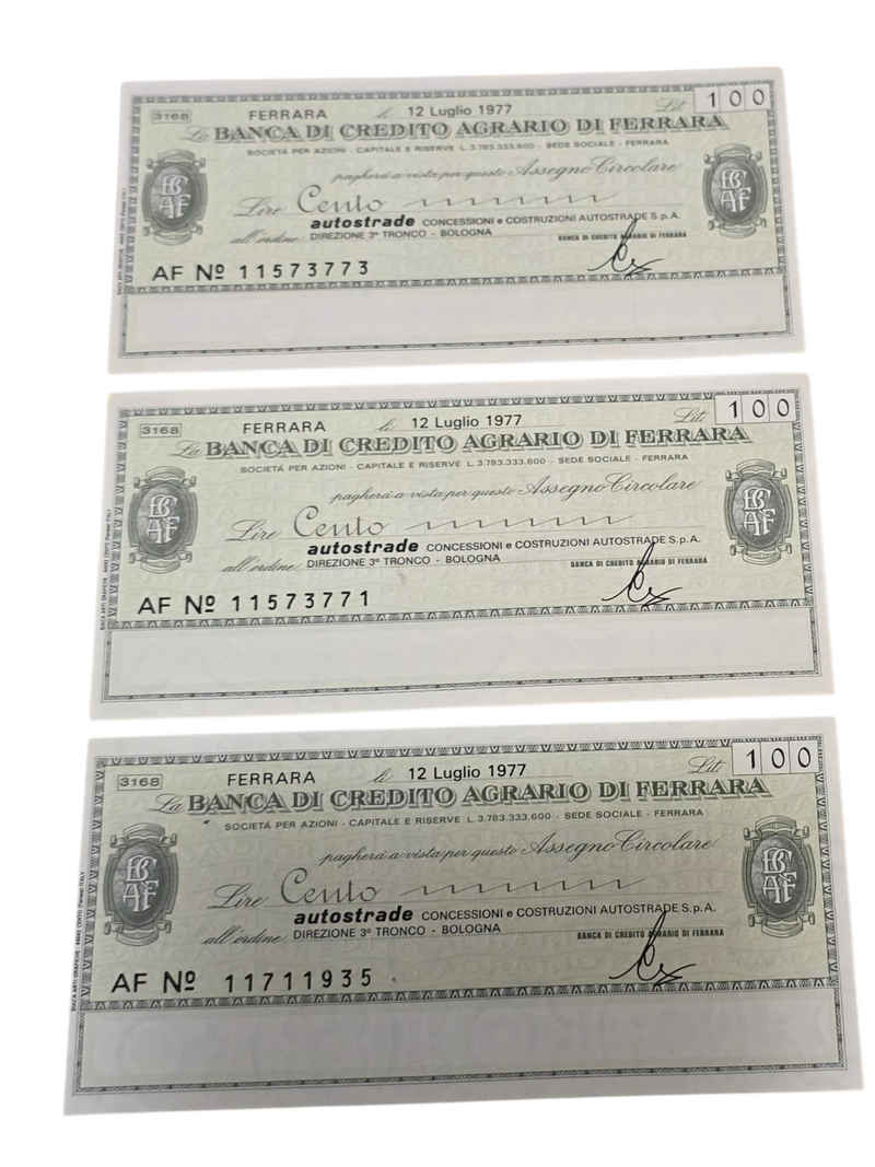 3 pezzi MINI ASSEGNO 100 CENTO LIRE BANCA CREDITO AGRARIO FERRARA A AUTOSTRADE - 1977