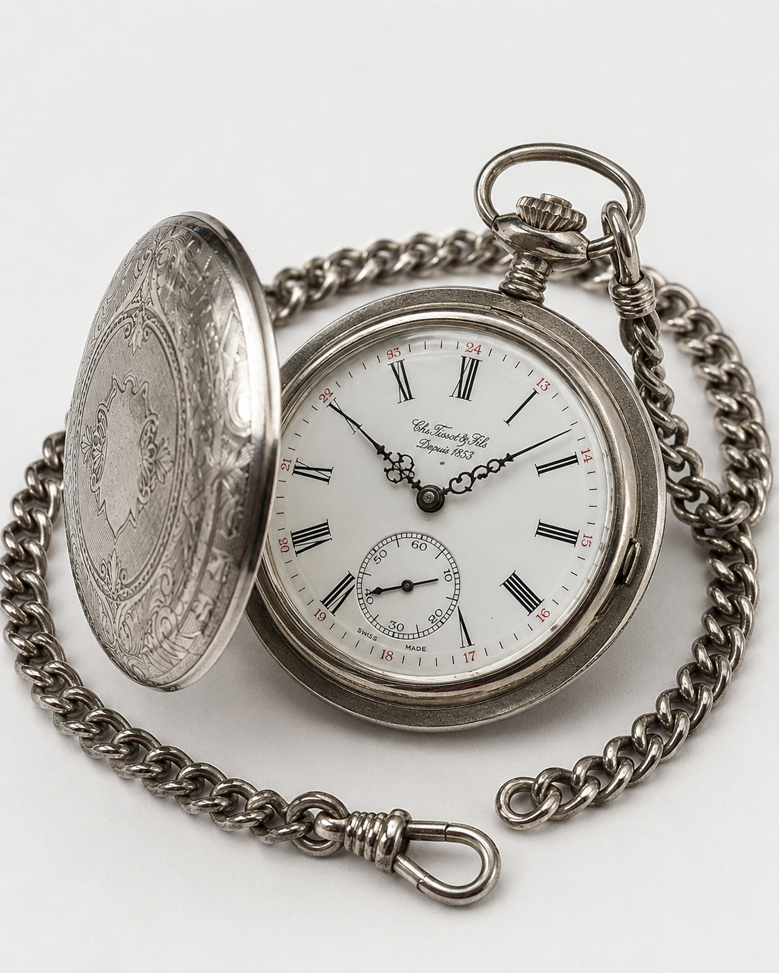Zegarek kieszonkowy Tissot Savonnette T83.6.401.13 Stalowy z naciągiem ręcznym i łańcuszkiem