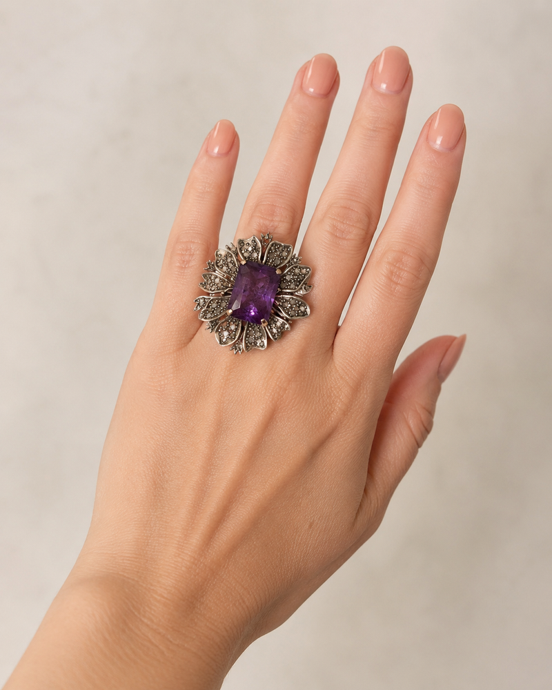 Anello Fiore Ametista Argento Oro 375 Diamanti Rosetta Vintage Cocktail 15g