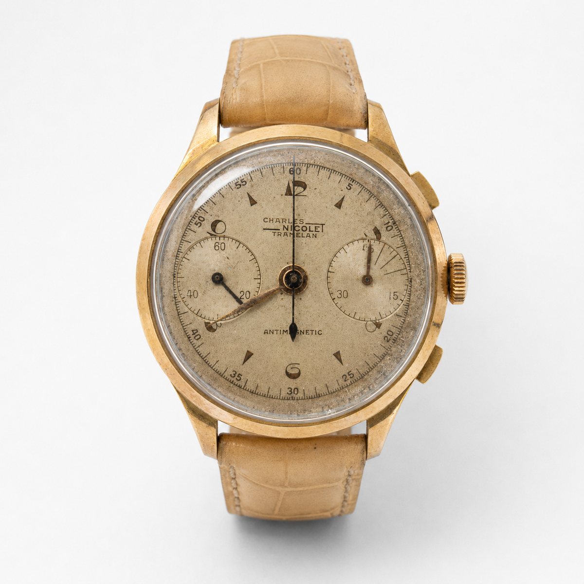 Charles Nicolet Tramelan Cronografo Vintage Oro Placcato Landeron Anni 40 39mm