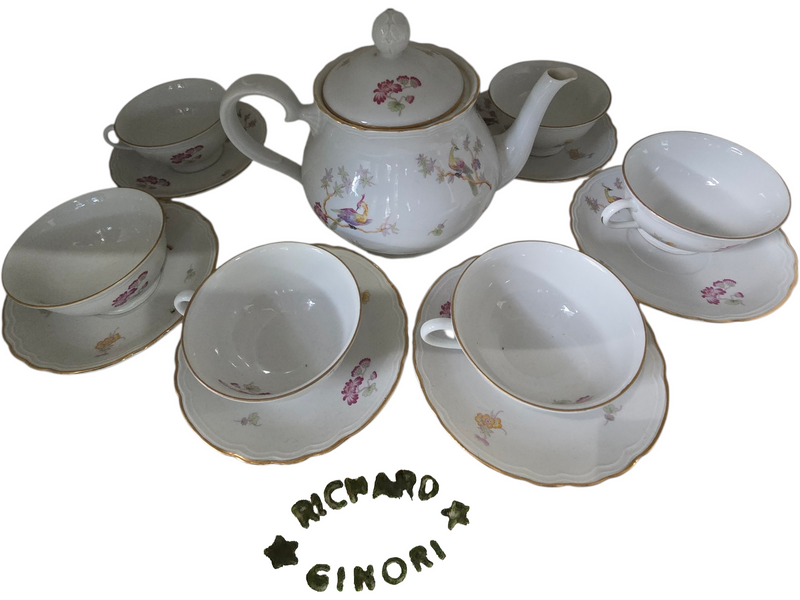 SERVIZIO SET RICHARD GINORI 6 TAZZE PIATTI DECORATI A MANO uccelli di paradiso